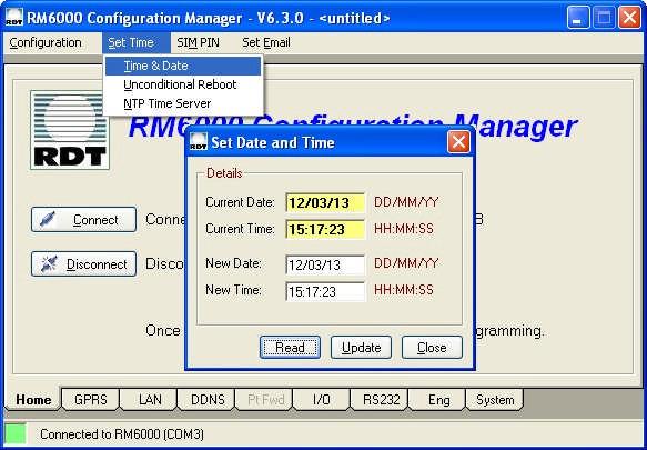 Set Time and Date The RM6000 has a Real Time Clock (RTC). This is used for time stamping and also for the Unconditional Reboot function. Select Set Time then Time & Date as shown above.