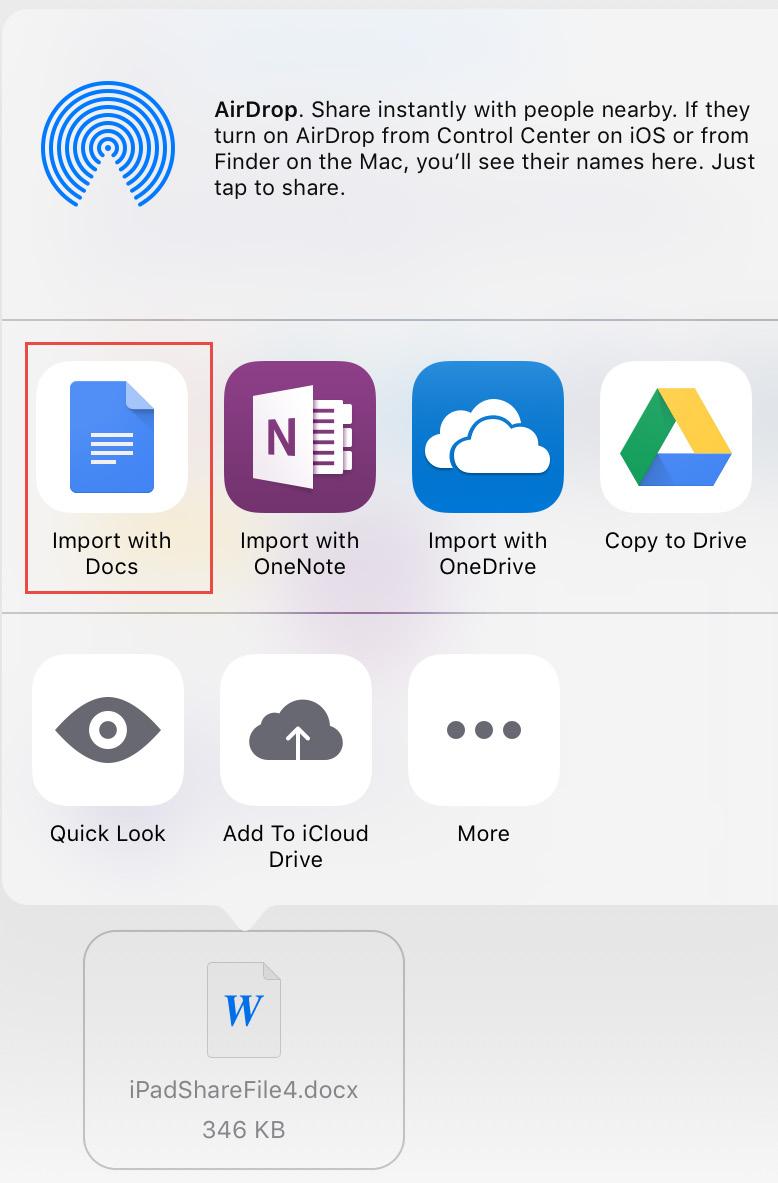 Upload a file While you cannot save files directly onto an ipad, files can be opened and edited on the ipad using Google Docs. Acceptable file formats include.doc and.docx files. 1.