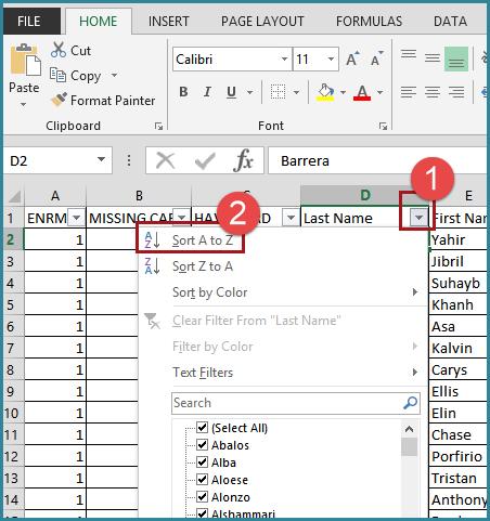 Use Sort & Filter Function to Sort Data by Student Last Name If you have not added the filter function, follow the steps below: When the filters are applied: 1.