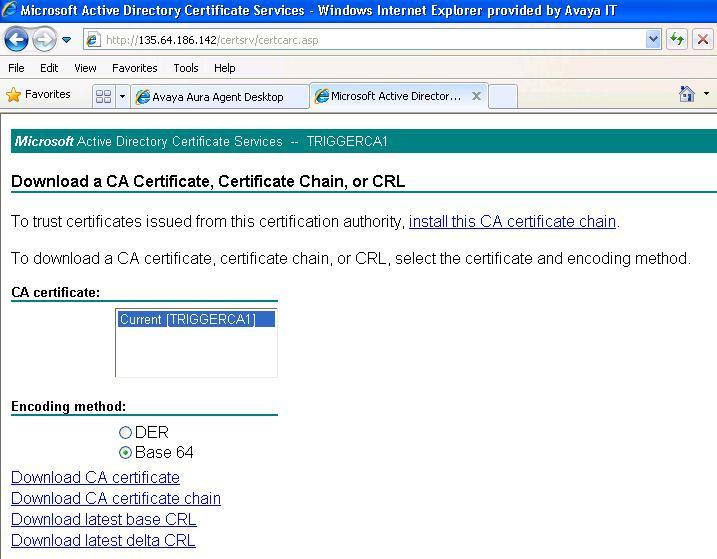 On the next page, click the Base 64 radio button and the Download CA certificate link.