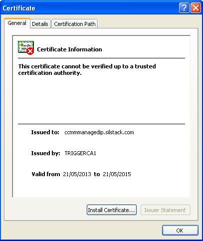 https://ccmmmanagedip/agentdesktop The certificate information is retrieved from the server and displayed in a tabbed properties