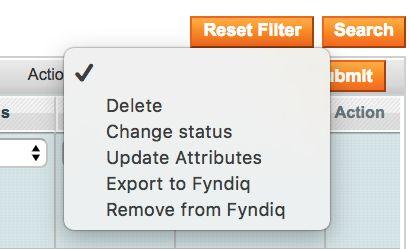 Select the products you want to export to Fyndiq and choose the action Export to Fyndiq. You can also remove products.