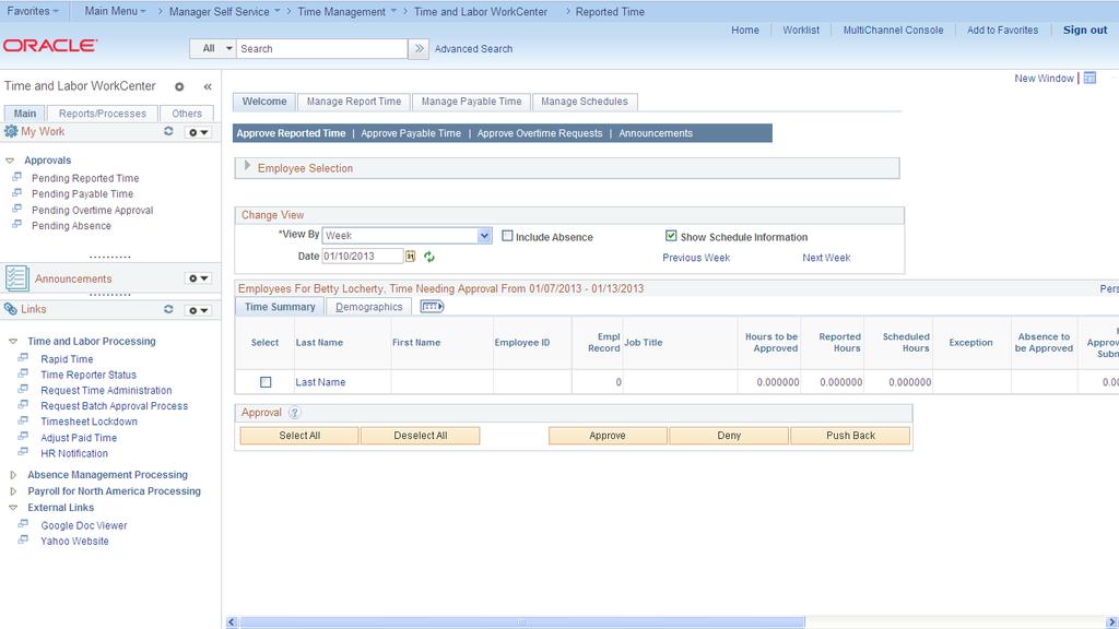 On the left, the pagelet area displays two pagelets configured to display in this WorkCenter. On the right, the target area displays the current transaction page as selected in a WorkCenter pagelet.