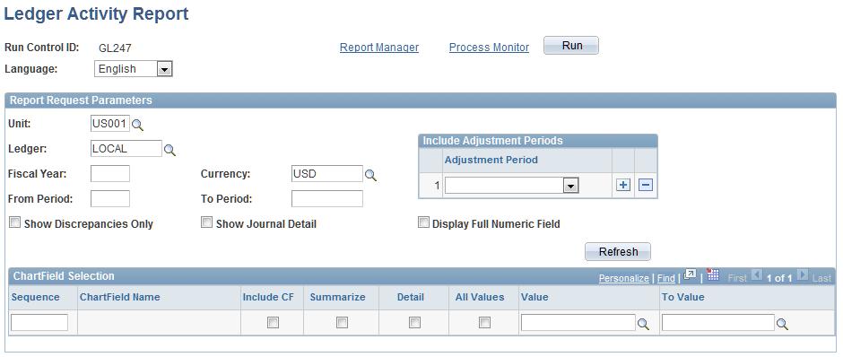 Chapter 7 Working With Processes and Reports includes, such as from and to dates or business units. The parameters page appears after you enter the run control ID.