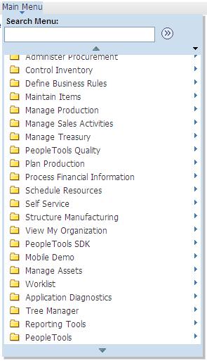 Chapter 1 Working With PeopleSoft Applications You can sort the drop-down menu alphabetically by clicking the sort icon on the Main Menu window.