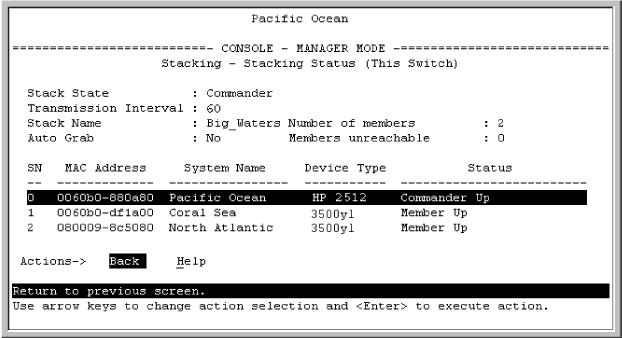 You will then see the Commander's Stacking Status screen: Figure 63 The Commander s Stacking Status screen Viewing Member status, and a Commander s IP and MAC addresses and status (Menu) This