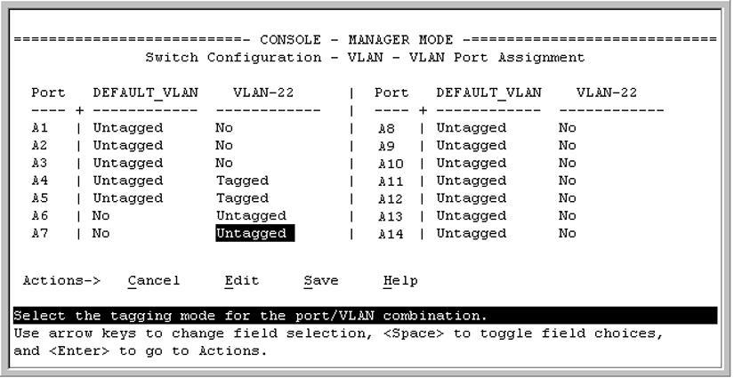 Example 20 Displaying port-based VLAN assignments for specific ports Ports A4 and A5 are assigned to both VLANs. Ports A6 and A7 are assigned only to VLAN-22.