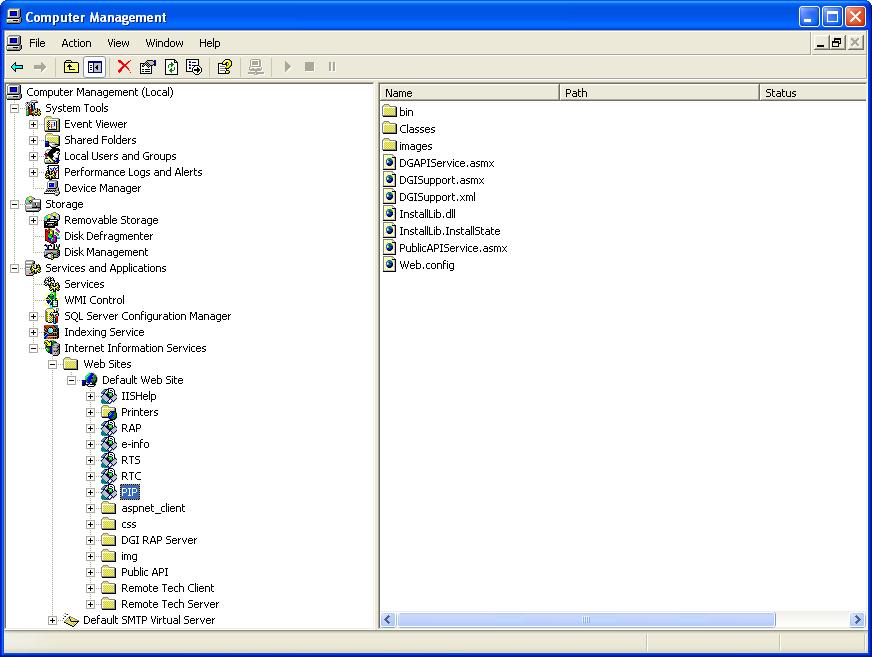3 In the left-pane, click on the named directory (PIP in the example) and the contents are displayed in the rightpane.