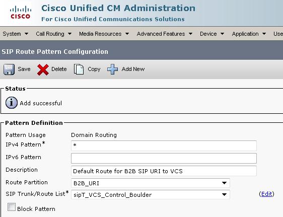 UCM SIP Route Patterns Use the SIP Route Pattern s Domain Routing option * character is a wildcard, matching all numbers, alpha chars,.