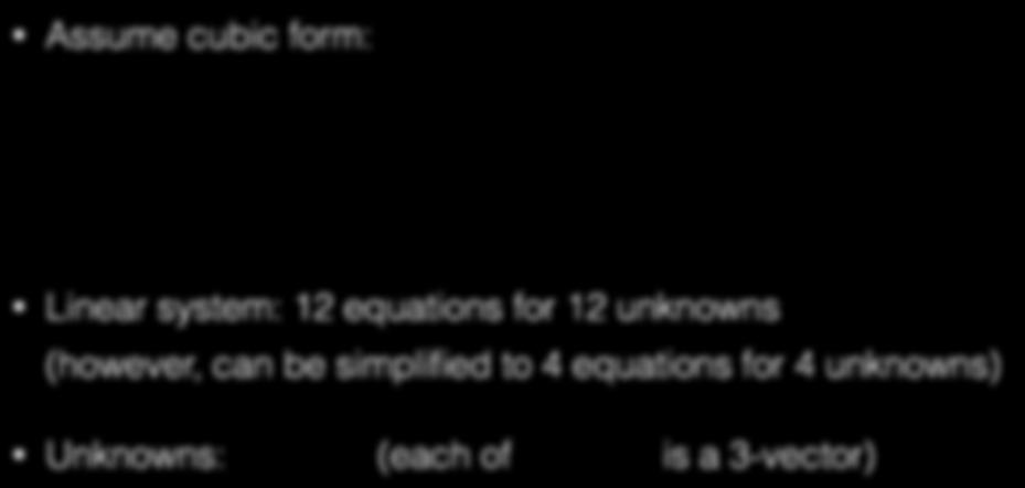 Deriving Hermite Splines Assume cubic form: p(u) =au 3 + bu 2 + cu + d!