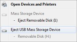 After you finish the disk operations, click the storage icon in the system tray and choose Safely Remove Hardware and Eject Media to Eject USB Mass Storage Device, as