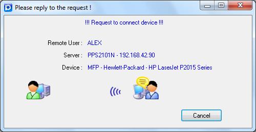Then, the PC2 computer wants to use this HP printer. The user on the PC2 computer can click the Request to Connect button in the ShareHub Device Servers Control Center. The following window appears.