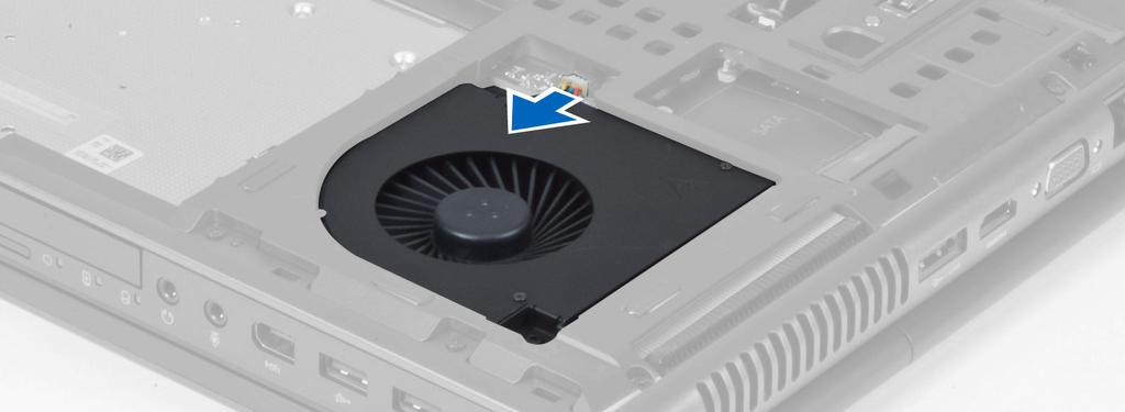 Tighten the screws that secure the processor fan to the computer. 4. Install the: a. base cover b. battery 5. Follow the procedures in After Working Inside Your Computer.