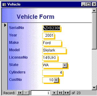 10/02/12 Chapter 4: Single Table Form Lab Page 31 Figure 23: Revised Vehicle Form 6. Set Form Properties: Open the Properties window for the form with the All tab selected.