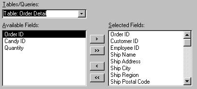 Place all fields from Orders on the form by clicking the >> button. 6. Change tables to Table: Order Detail by using the Tables/Queries down arrow. 7.