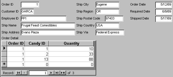 USING MAIN/SUBFORMS The top part of the form contains data from Orders and the bottom part contains data from Order Details. Note that the two forms are in sync by order ID.