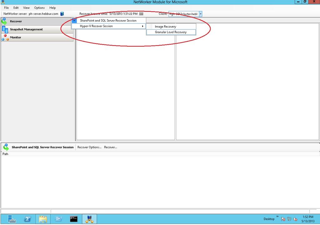 Click Recover > Hyper-V Recover Session > Granular Level Recovery as shown in the following figure.