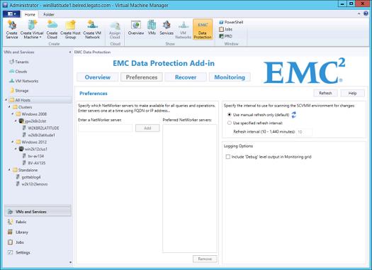 EMC Data Protection Add-in for SCVMM Figure 13 Data Protection Add-in for SCVMM Preferences page Adding NetWorker servers You can search for virtual machine backups on multiple NetWorker servers.