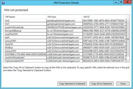 EMC Data Protection Add-in for SCVMM When you click a protection category in the pie chart, the virtual machine Protection Details window displays.