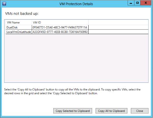 This window contains a table that lists the virtual machine name and virtual machine ID for each virtual machine in the selected backup status category.