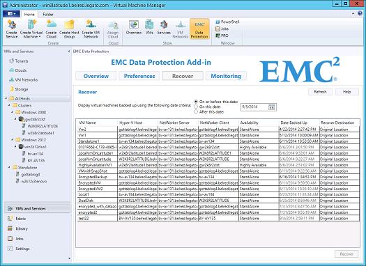 EMC Data Protection Add-in for SCVMM Recoveries The Recover page displays a list of all VMs managed by SCVMM that are backed up by a NetWorker server in the Preferred Servers list and in the current