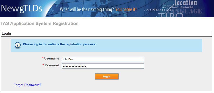 Click on the Login button to log into TAS. B) Initiating the Complete User Profile Process Logging in will take you to the TLD Application System Registration Home page.