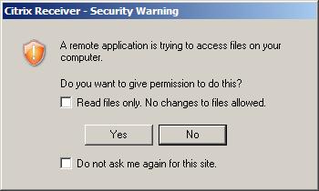 The first time you log into TAS via the Citrix XenApp Remote Desktop you will be prompted to provide permissions to