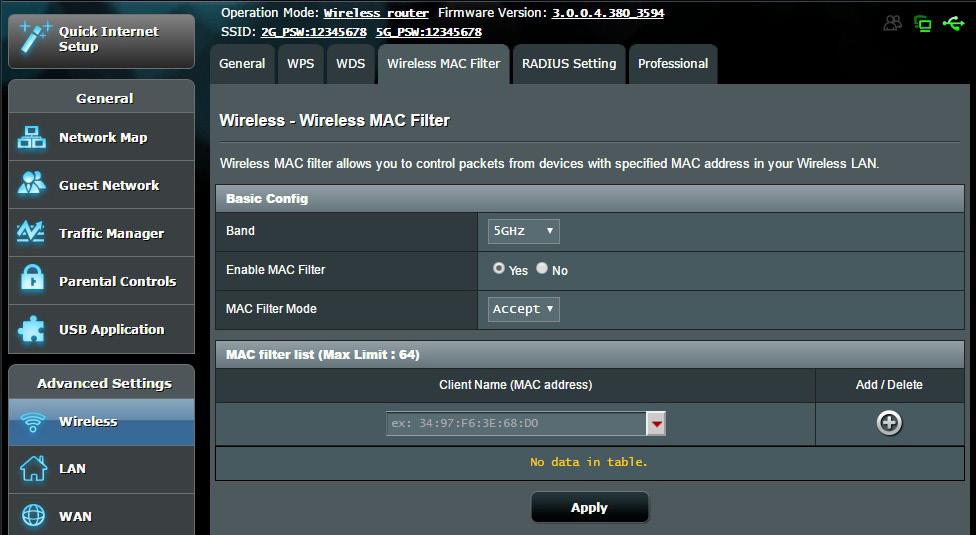 4.1.3 Wireless MAC Filter Wireless MAC filter provides control over packets transmitted to a specified MAC (Media Access Control) address on your wireless network.