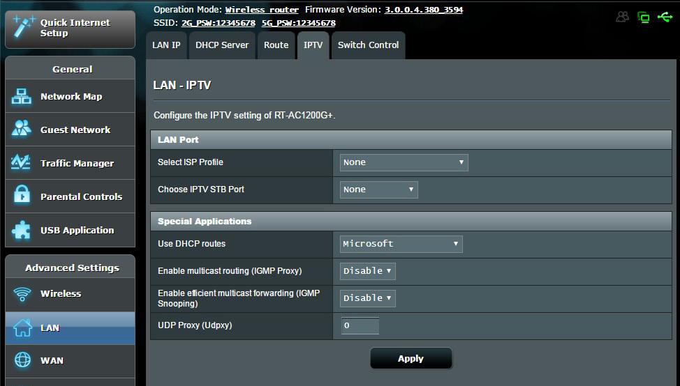 4.2.4 IPTV The wireless router supports connection to IPTV services through an ISP or a LAN.