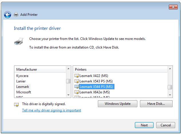 Install the printer driver from the vendor-model list.