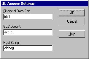 Loading Financial Data From the Manage menu, choose Oracle General Ledger Interface, then choose GL Access Settings from the cascading menu that appears. This opens the GL Access Settings dialog box.