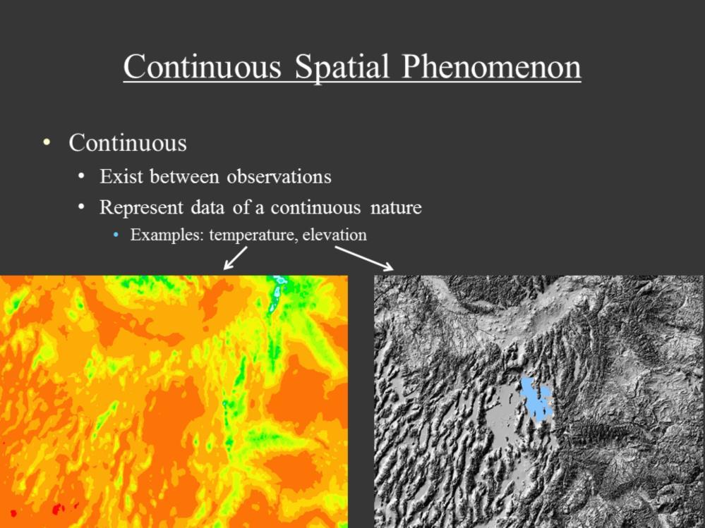 The second type of spatial phenomenon is continuous. A continuous spatial phenomenon is something that exists between our observations.