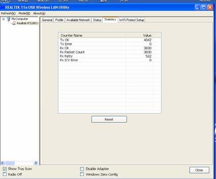 3.2.3 View Network Statistics To view the statistical data of wireless network card, click Statistics menu, and the