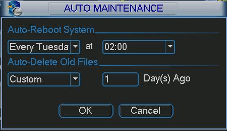 5.5.6 Auto Maintenance Here you can set auto-reboot time and auto-delete old files setup. You can set to delete the files for the specified days. See Figure 5-58.