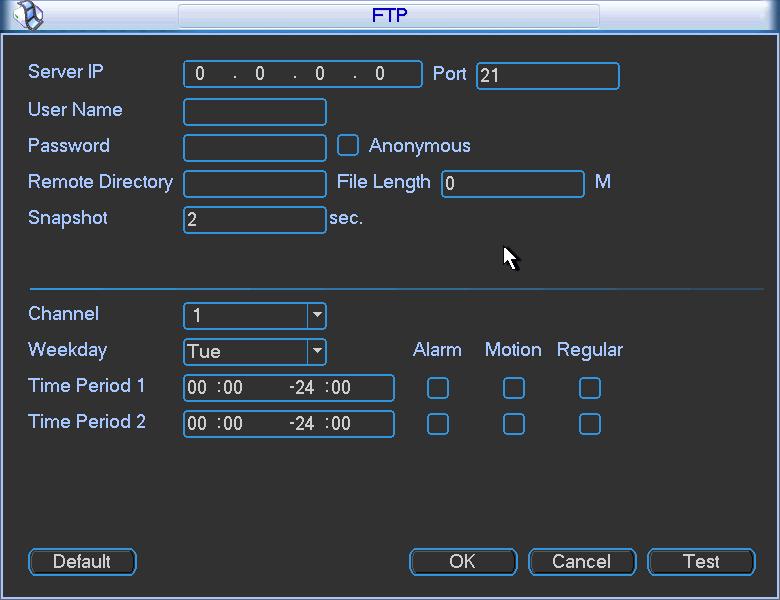 Click the Test button, you can see the corresponding dialogue box to see the FTP connection is OK or not. See Figure 5-35. Figure 5-34 Figure 5-35 5.3.5.11 Alarm Centre This interface is reserved for you to develop.