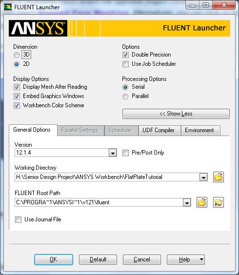 Fig.D.2 Problem Setup: Open ANSYS FLUENT. In the FLUENT Launcher, make sure the Dimension is specified to be 2D.
