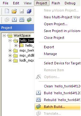 3 Build library project files This section will guide you to build the library project files of the hello example in MQX RTOS for KSDK for TWR-K64F120M.