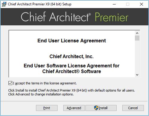 Installing Chief Architect License Agreement 3. Read the License Agreement carefully. Before installing, you must accept its terms and conditions.