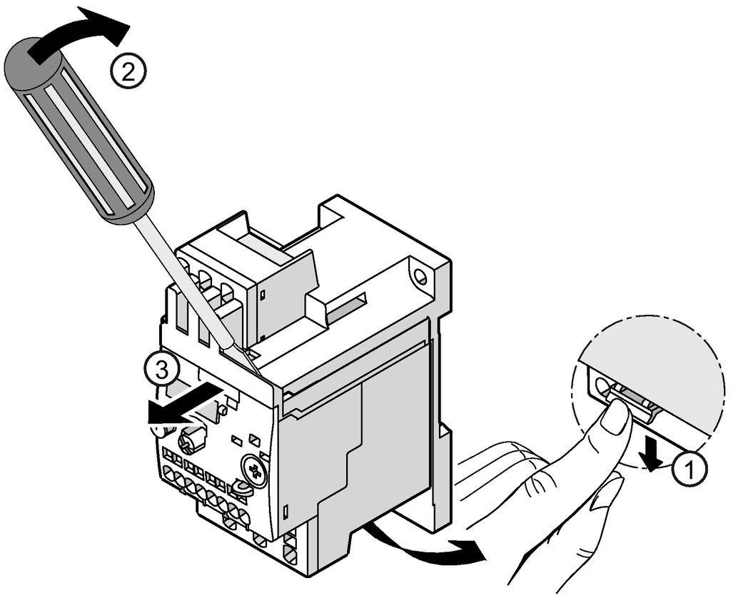 conductor terminals. 2 Release the overload relay by pushing down the clip on the underside of the terminal support.