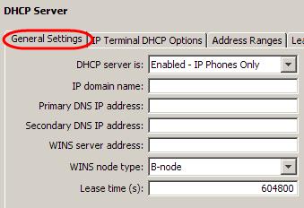 2. Ensure the General Settings tab is selected. Set the DHCP Mode and other details such as DNS & WINS Server addresses.