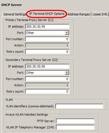 2. Select the IP Terminal DHCP Options tab. If you need to change the S1 or S2 information, alter the appropriate fields. Note: The S1 address should always correspond to the BCM LAN IP Address.