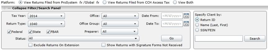 Searching for Returns Search for returns using one of the following methods: Searching for Multiple Clients 1. Select the Tax Year and Return Type. 2.