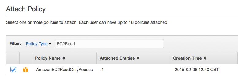 Select the AmazonEC2ReadOnlyAccess policy After typing in the filter "EC2Read" you should see the AmazonEC2ReadOnlyAccess policy.