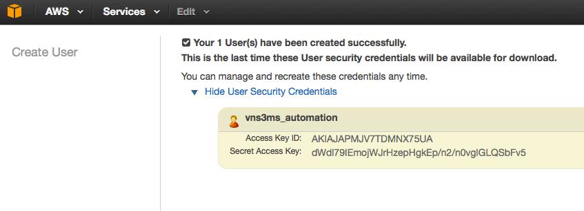 If successful, an API Access Key ID and Secret Access Key will have been generated and displayed on the screen.