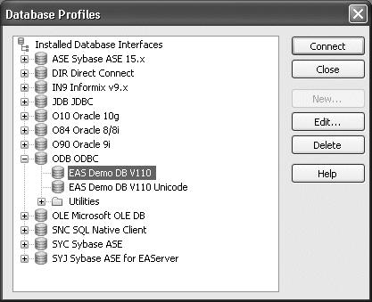 Look at the EAS Demo DB database If you do not see the EAS Demo DB V110 database profile If there is no profile for the EAS Demo DB V110 database, you may not have installed the database.