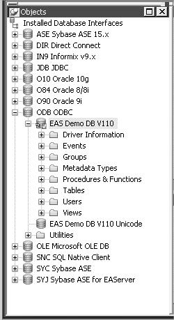 Look at the EAS Demo DB database 2 Expand the EAS Demo DB V110 database node in the Objects view. Notice the folders under the EAS Demo DB V110 database node. 3 Expand the Tables folder.