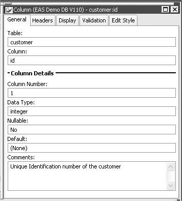 Lesson 4 Connecting to the Database The Object Details view for a column has five tabs, one for general database properties, one for column header information, and the others for column extended