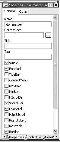The Properties view displays the properties of the selected control. 6 Select the text dw_1 in the Name text box in the Properties view.