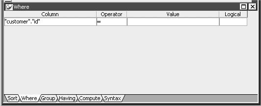 Create a second DataWindow object Your selection displays immediately below the Column heading. An equal sign (=) appears in the Operator box.