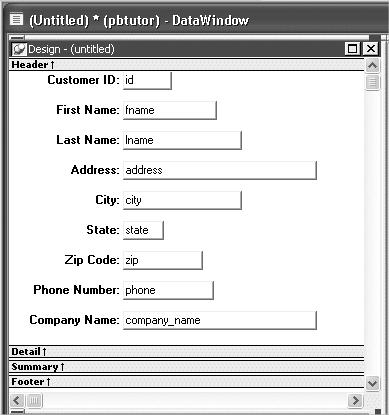 Create a second DataWindow object 4 Type a customer ID (such as 101, 102, or 103) in the Value field. Click OK. The DataWindow painter opens. The Design view displays the new DataWindow object.